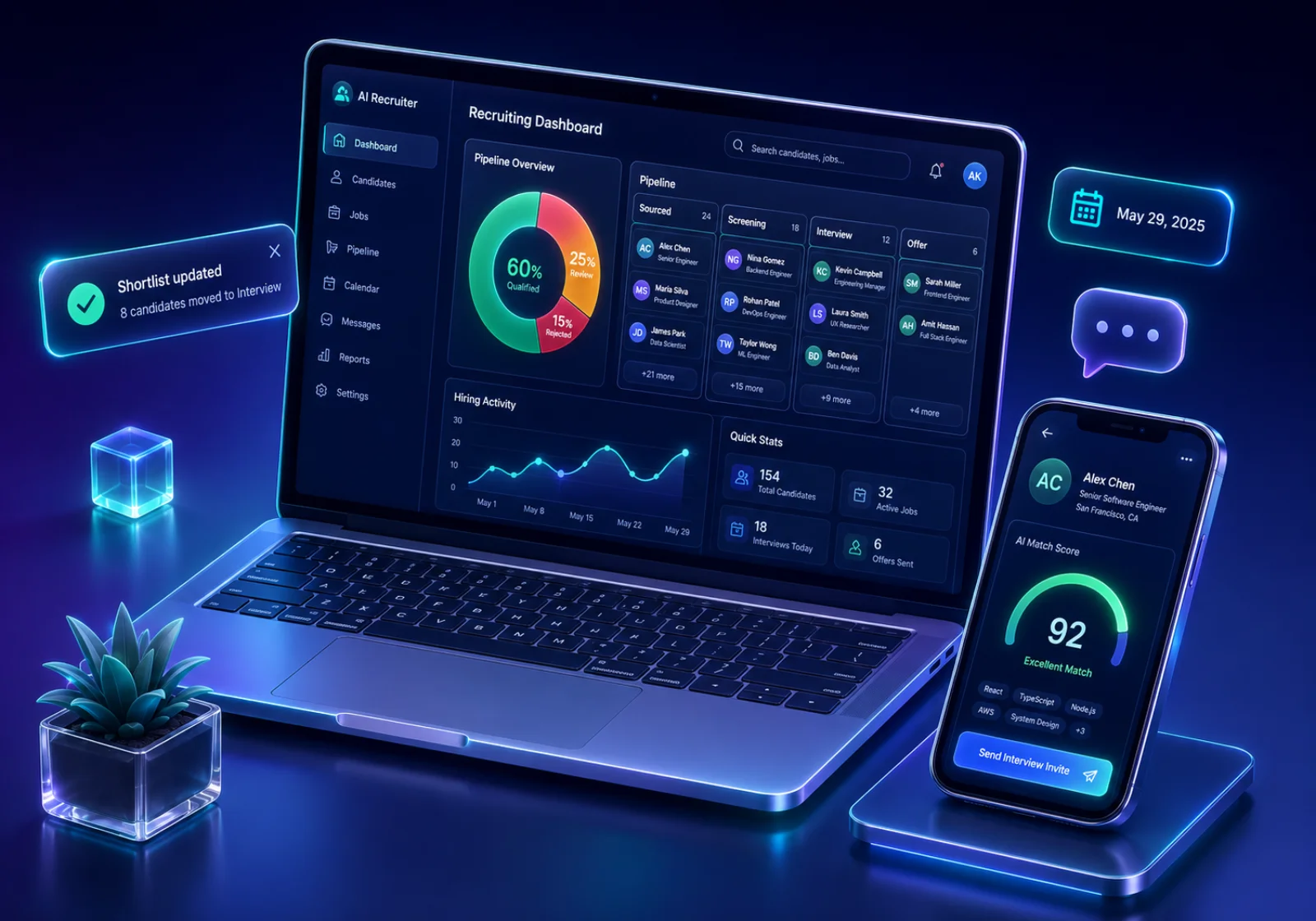 Recruiting dashboard composite with donut chart, kanban, and metrics