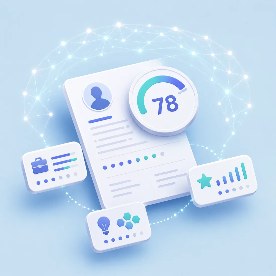 AI scoring dial showing 78 over a stack of resumes
