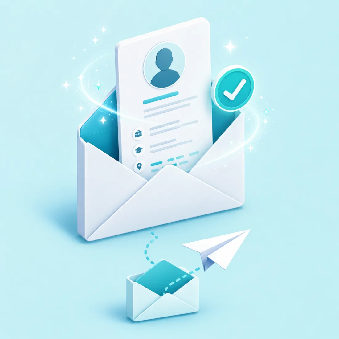 Stylised envelope opening into a candidate profile card