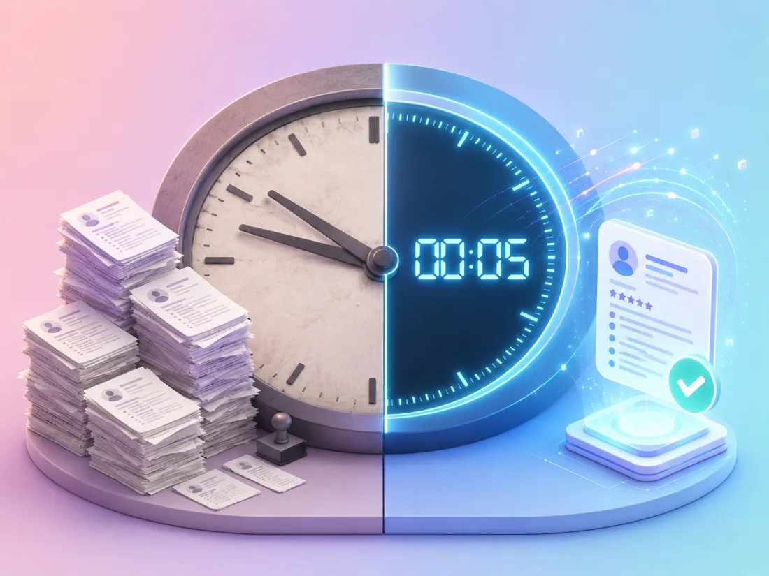 Analog clock and slow stack of paper resumes split-screen with a glowing digital timer and a single approved card