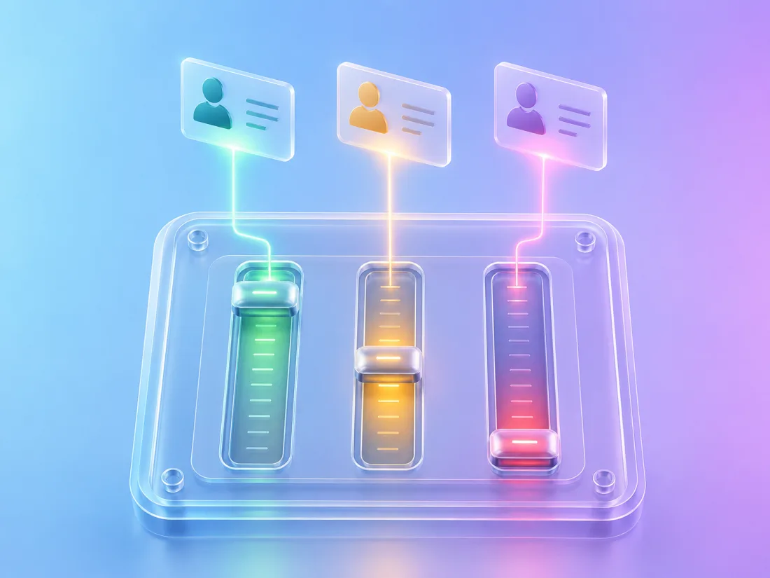 Translucent control panel with green, amber, and red threshold sliders routing candidate cards
