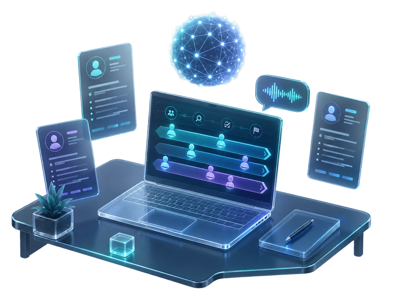 Resume stack flowing into a glowing AI orb that produces approved candidate cards