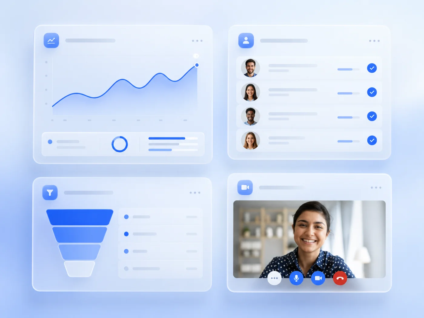 HireOps dashboard composite: analytics, candidate list, pipeline funnel, and live interview