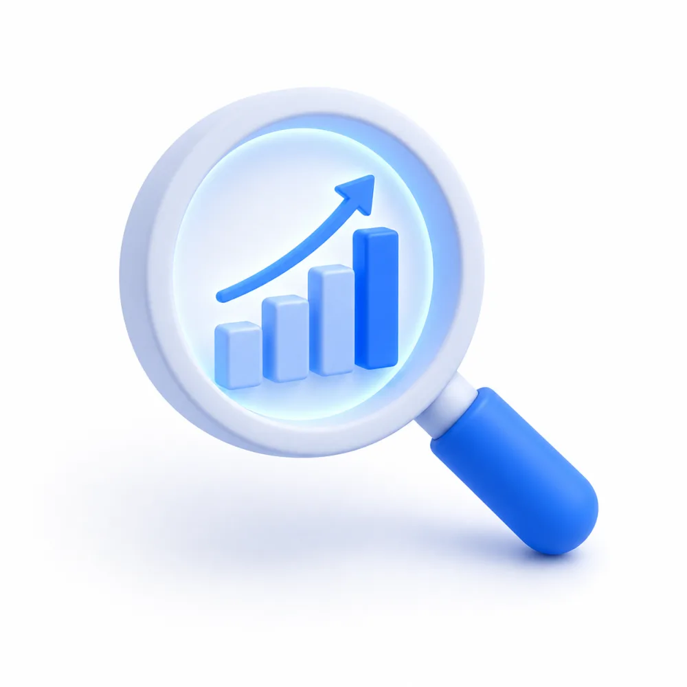 Magnifying glass over a rising bar chart